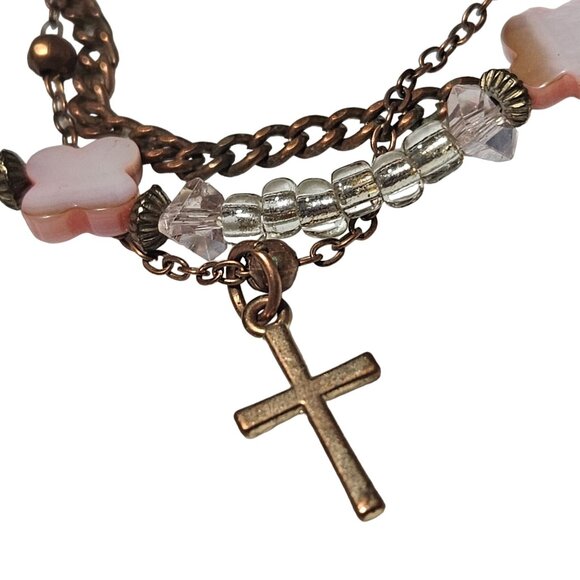 Cross Multi Strand Charn Bracelet Pink Flower Clear Beads Bronze Chain Religion - Picture 2 of 4